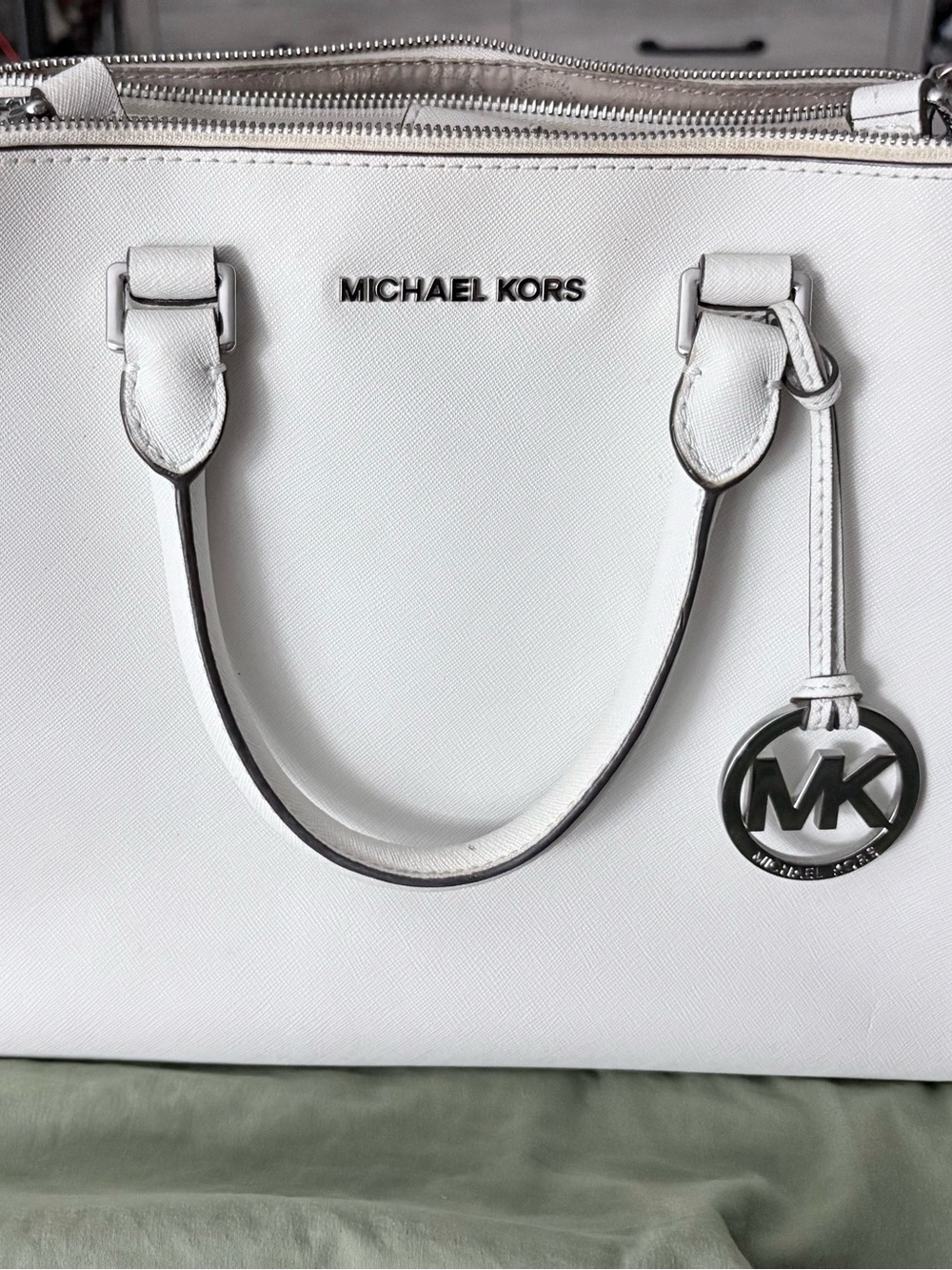 Michael Kors White Saffiano Satchel with MK Charm